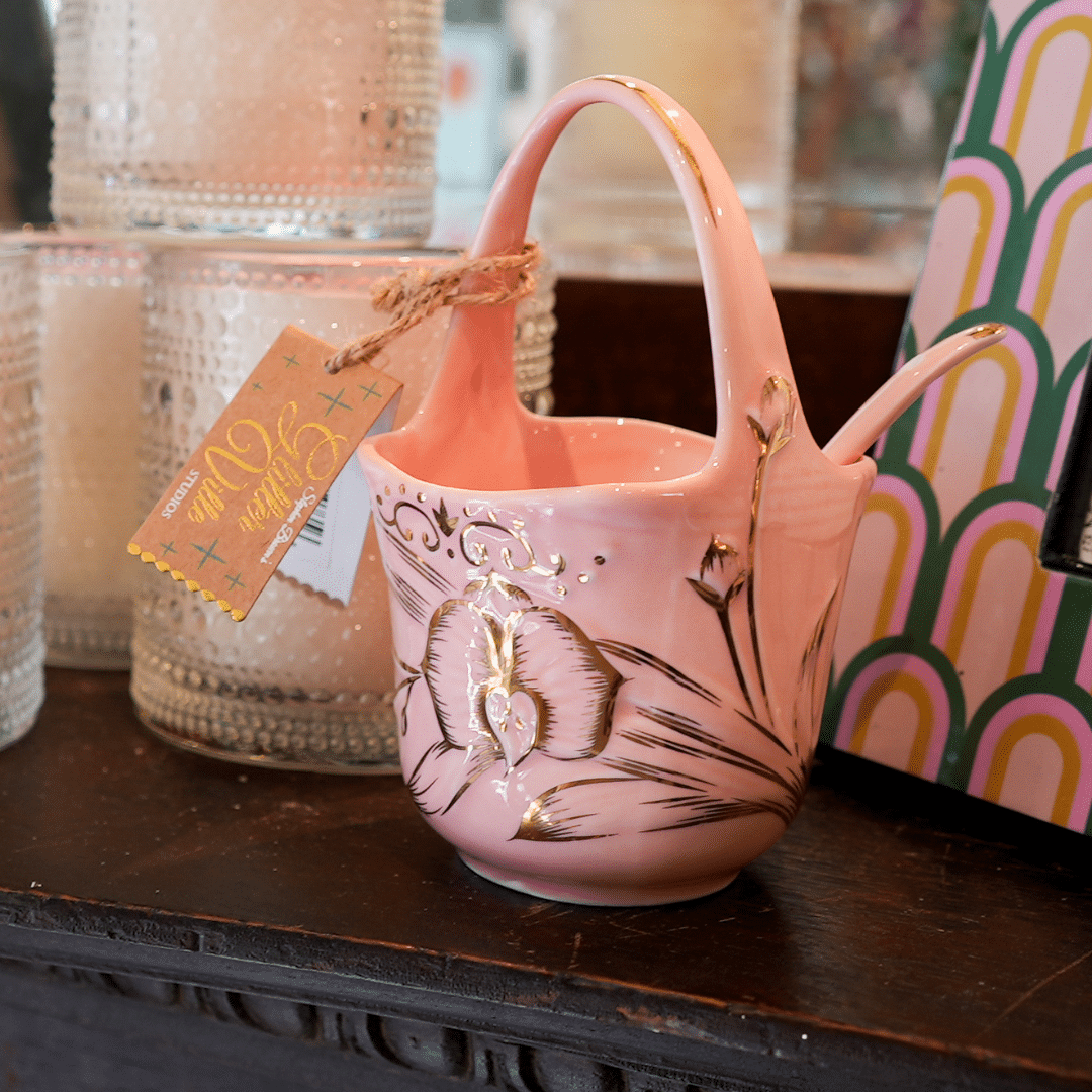 Pink Floral Porcelain Basket with Spoon image