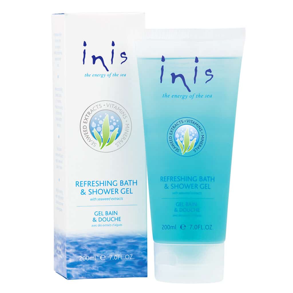 Inis Fragrance of Ireland refreshing bath and shower gel full sized 7 oz product and box for women's, men's or unisex bath and body self-care.