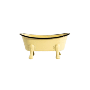 Enameled Metal Yellow Bathtub Dish with Drain Holes to hold soap or sponges and for rustic, farmhouse and whimsical bathroom decor