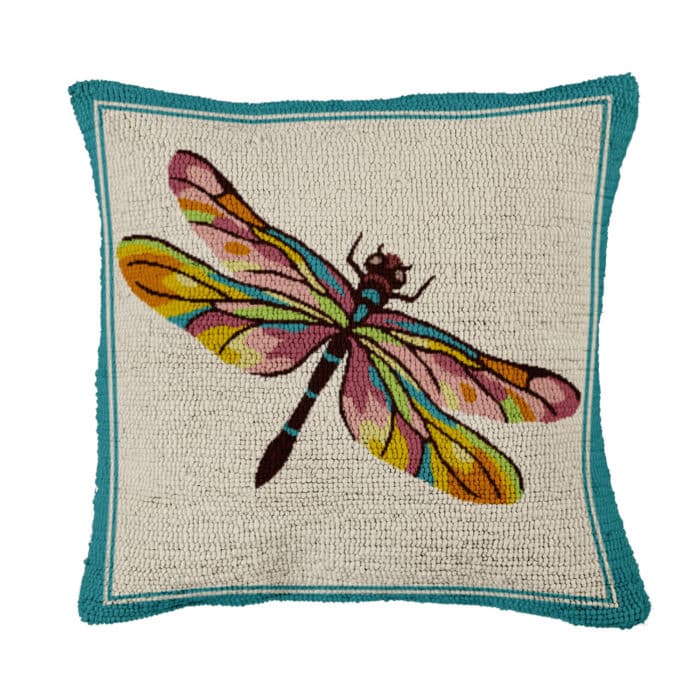 Indoor/Outdoor Hooked Colorful Dragonfly Pillow image