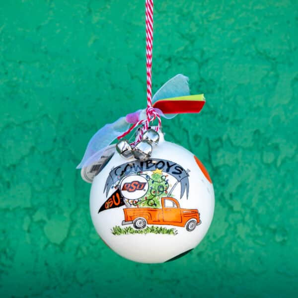 Oklahoma State University Vintage Orange Truck Ceramic Ball Ornament with polka dots, ribbon and jingle bells for Christmas and holiday decoration.