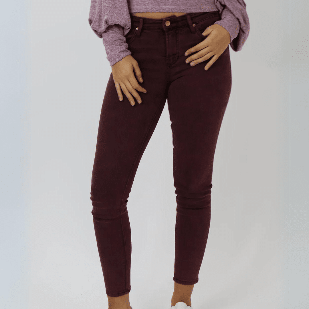 Dear John Gisele Mid Rise Skinny Ankle Jeans in Burgundy Cabernet image