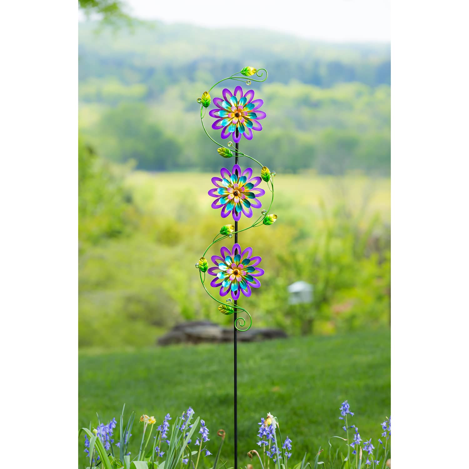 Spinning Purple Metal Flower Thermometer Garden Stake