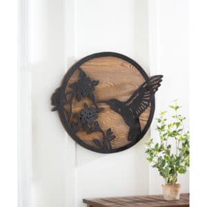 Metal and Wood Round Wall Décor Hummingbird image