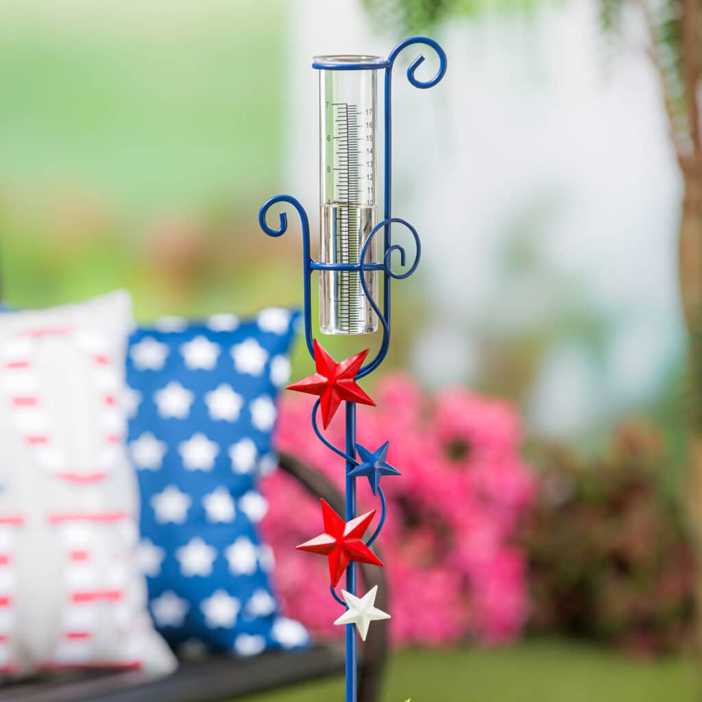 red white and blue stars rain gauge stake