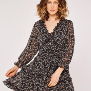 Apricot: Floral Ruffle Tiered Dress in Navy image