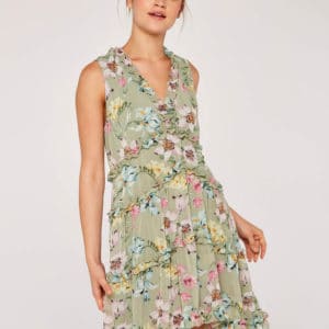 Apricot: Floral Tiered Ruffle Dress in Mint image
