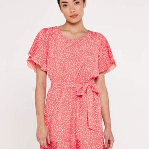 Dot and Pleats Flutter Sleeve Coral Dress image