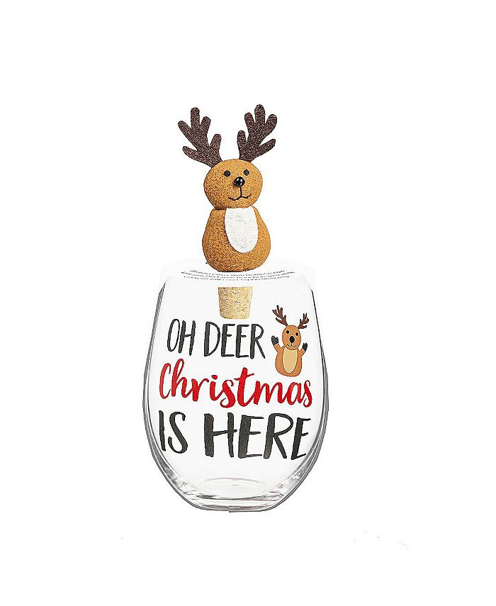 Stemless Wine Glass with Reindeer Wine Stopper Gift Set image