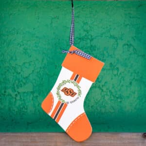 Oklahoma State University Wood Stocking Ornament with OSU logo for Cowboys fans for Christmas decoration and gfit.