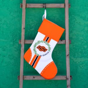Oklahoma State University Christmas Stocking white with orange cuffs and OSU logo in center for holiday decoration for Cowboy students, alumni and fans.