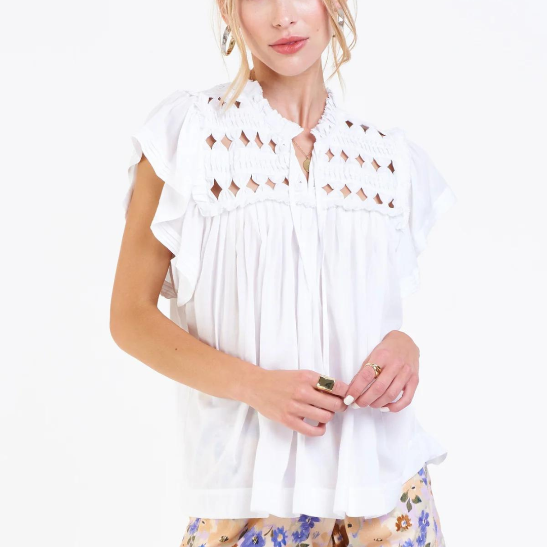 Kezia Knotted Embroidery Top in White image