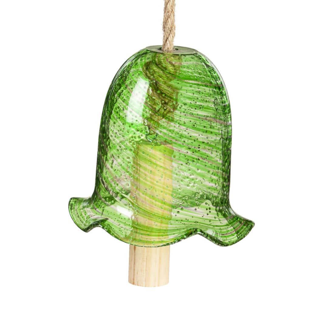 Art Glass Green Swirl Glow in the Dark Garden Bell Wind Chime for home and garden decor and gift.