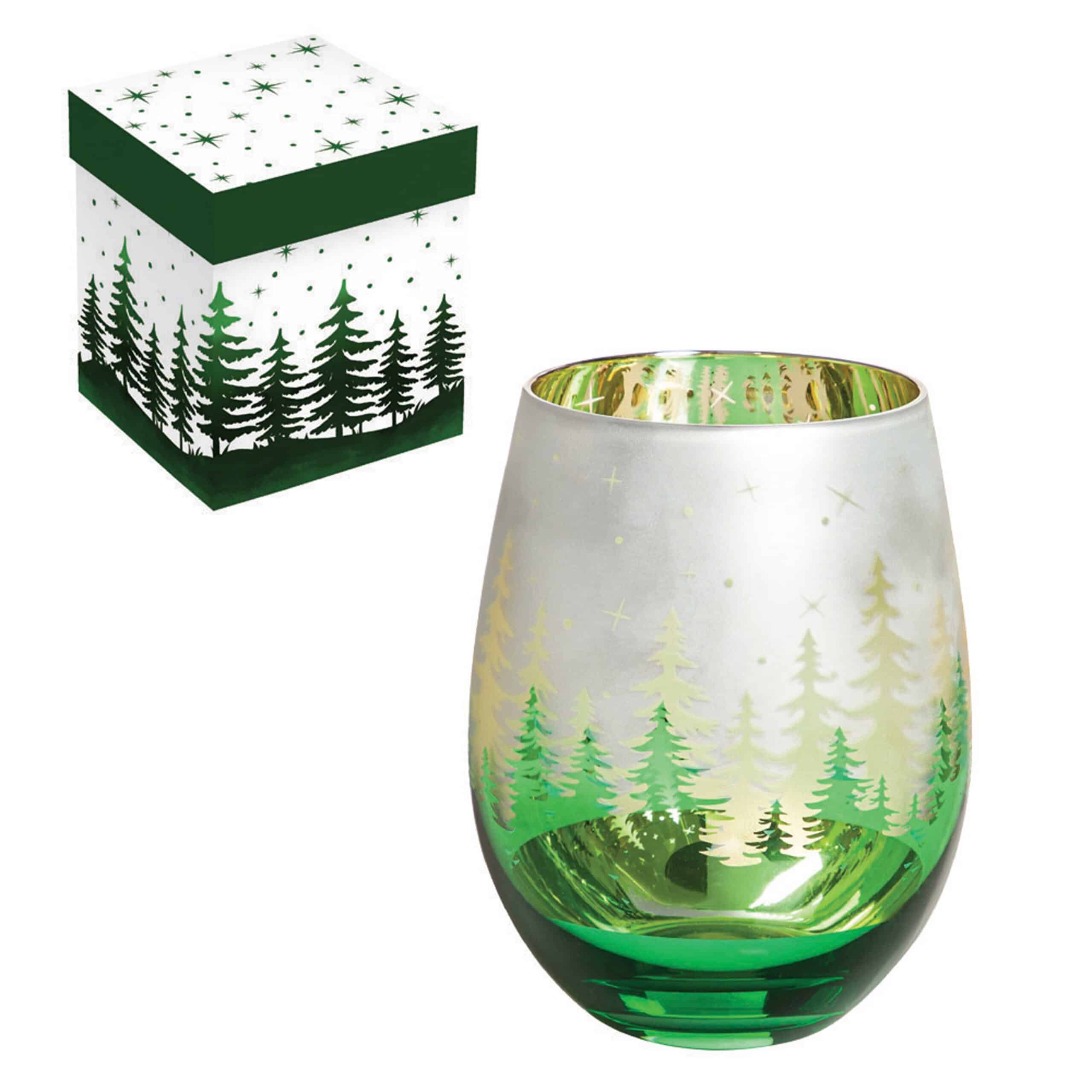 Etched Stemless Wine Glass: Green Trees image