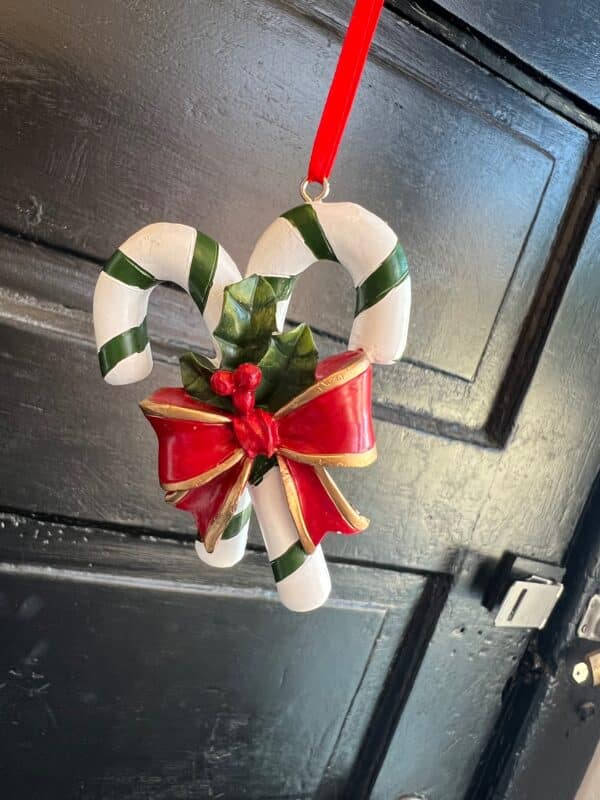 Double Candy Cane Ornament with Green Stripes and Red Bow Ornament - Image 2