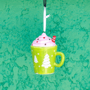 Green Mug with White Trees Cocoa Cup Ceramic Ornament, 3.5" for Christmas decoration and holiday gift and ornament exchange.