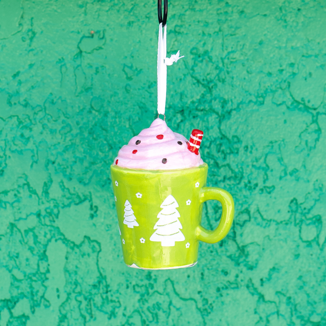 Green Mug with White Trees Cocoa Cup Ceramic Ornament, 3.5″ image