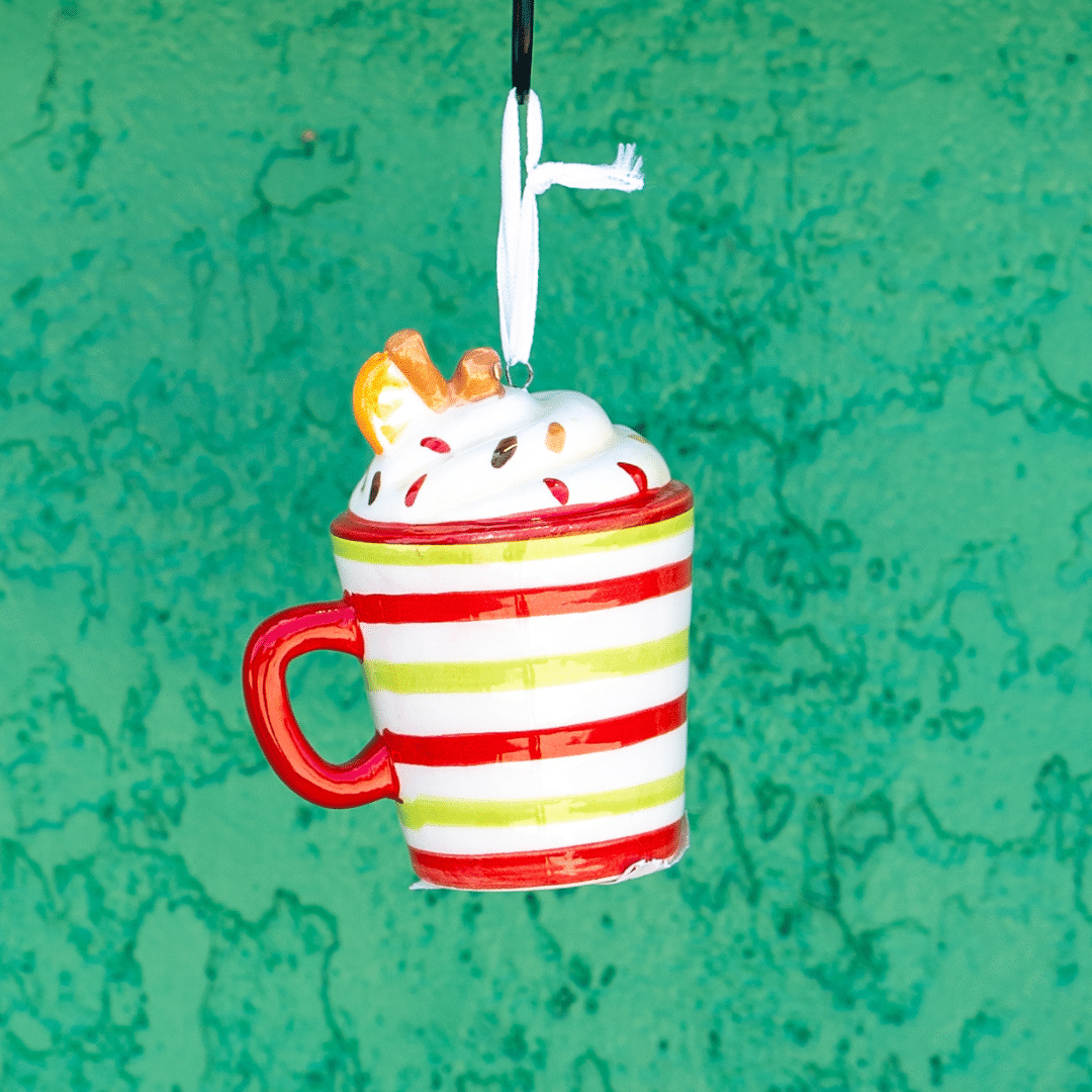 Red, Green and White Stripe Cocoa Cup Ceramic Ornament, 3.5″ image