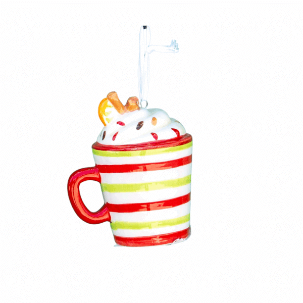 Red, Green and White Stripe Cocoa Cup Ceramic Ornament, 3.5" - Image 3
