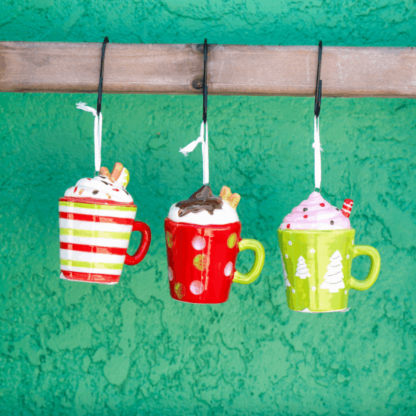 Red, Green and White Stripe Cocoa Cup Ceramic Ornament, 3.5" - Image 2