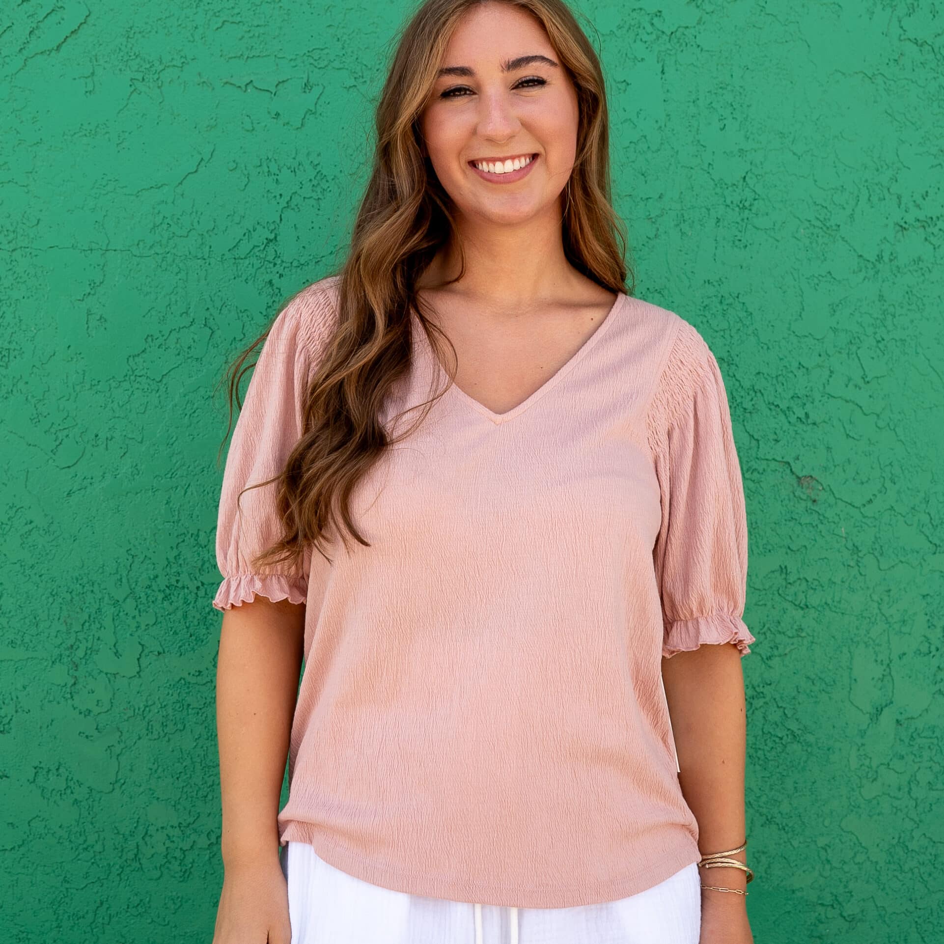 Roz Smocked Shoulder Short Sleeve Top in Rose Quartz image