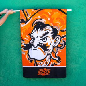 Oklahoma State University House Flag in bright orange, black and white featuring Pistol Pete's face and a black trim at the bottom with OSU logo for college dorm rooms, apartments and houses for students, fans and alumni