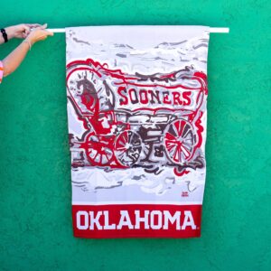 University of Oklahoma Sooner Schooner House flag in grey with crimson and cream and black and a red trim with Oklahoma for college dorms, apartments and houses, tailgates, and fans, students and alumni.