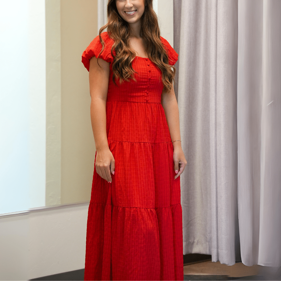 Self Check Tiered Midaxi Dress in Cherry Red image
