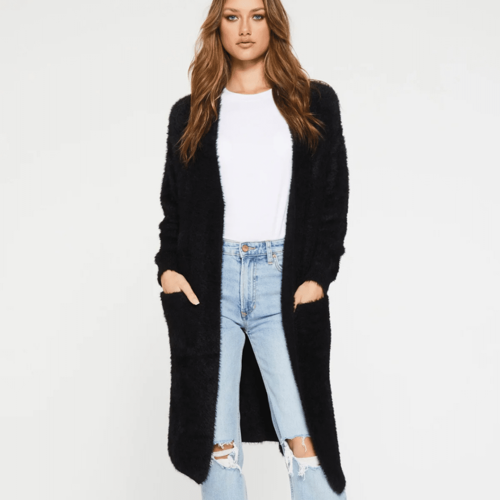 Women's Another Love Electra full length cardigan sweater with drop shoulders, long sleeve with ribbed cuff & side pockets finished in cloud soft yarn for ladies Winter and Fall style