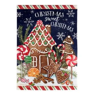 Christmas garden flag with gingerbread house, gingerbread man, and peppermint details for Christmas outdoor decor
