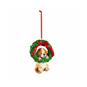 Beagle Puppy in Christmas Wreath Resin Ornament, 4" for Christmas decoration and holiday gift and ornament exchange.