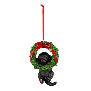 Black Labrador Retriever in Christmas Wreath Resin Ornament, 4" for Christmas decoration and holiday gift and ornament exchange.