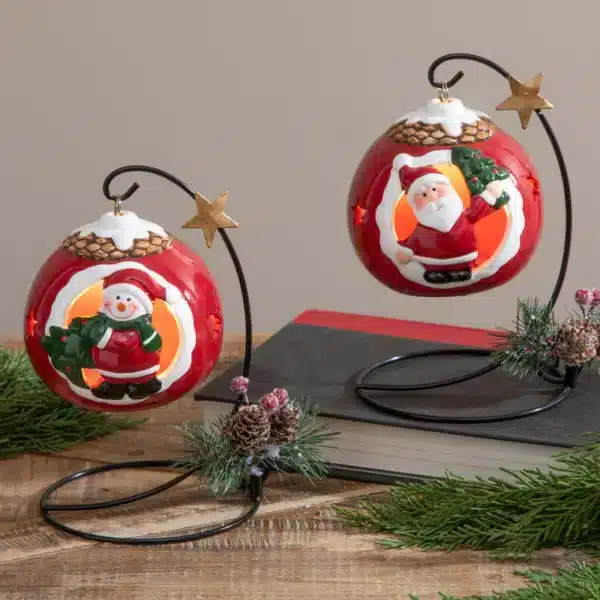 LED Snowman Ceramic Ornament on Metal Stand - Image 3