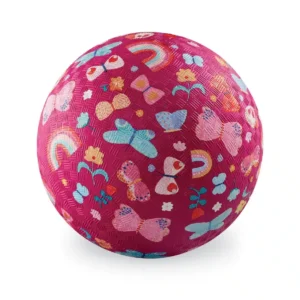 Crocodile Creek rubber 7" playground ball with pink background and all over butterfly and rainbow print for outdoor, playground, sports kids play.