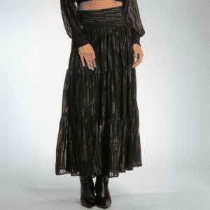 Women's Elan Allure high waist black maxi tiered skirt with silver threading on sheer black fabric with lining for party, cocktail or evening style.