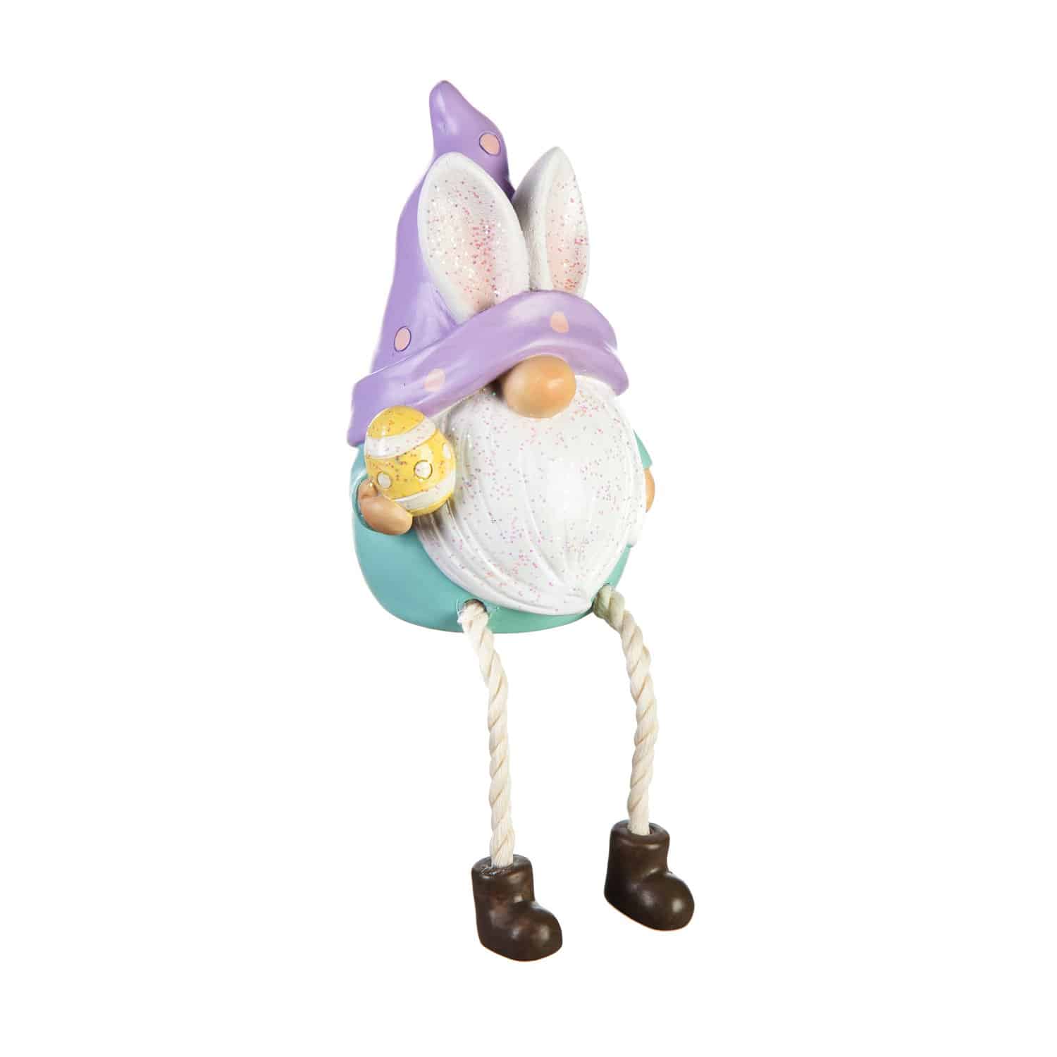 Purple Hat Polyresin Gnome with Bunny Ears and Dangling Legs Table Décor image