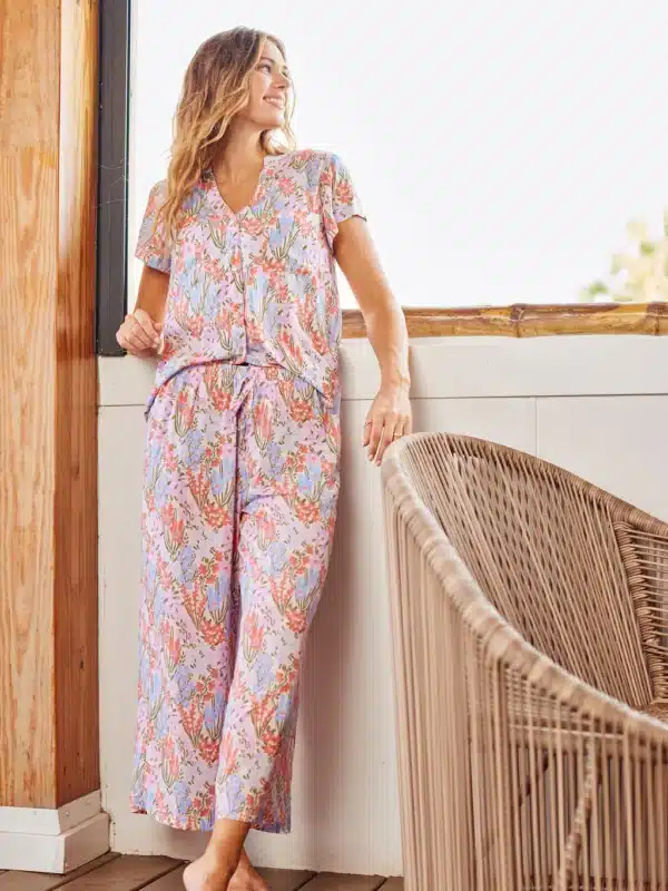 Serena Cropped Short Sleeve & Pants Pajama Set | Happy Blooms Pink - Image 4