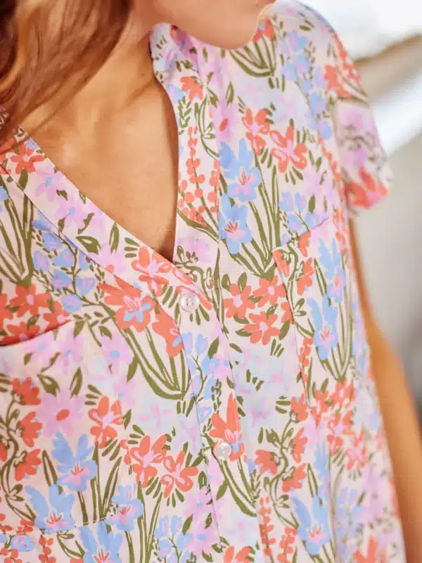 Serena Cropped Short Sleeve & Pants Pajama Set | Happy Blooms Pink - Image 2