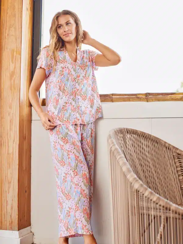 Serena Cropped Short Sleeve & Pants Pajama Set | Happy Blooms Pink - Image 3