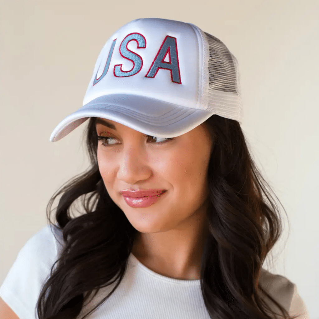 white embroidered USA ladies trucker hat