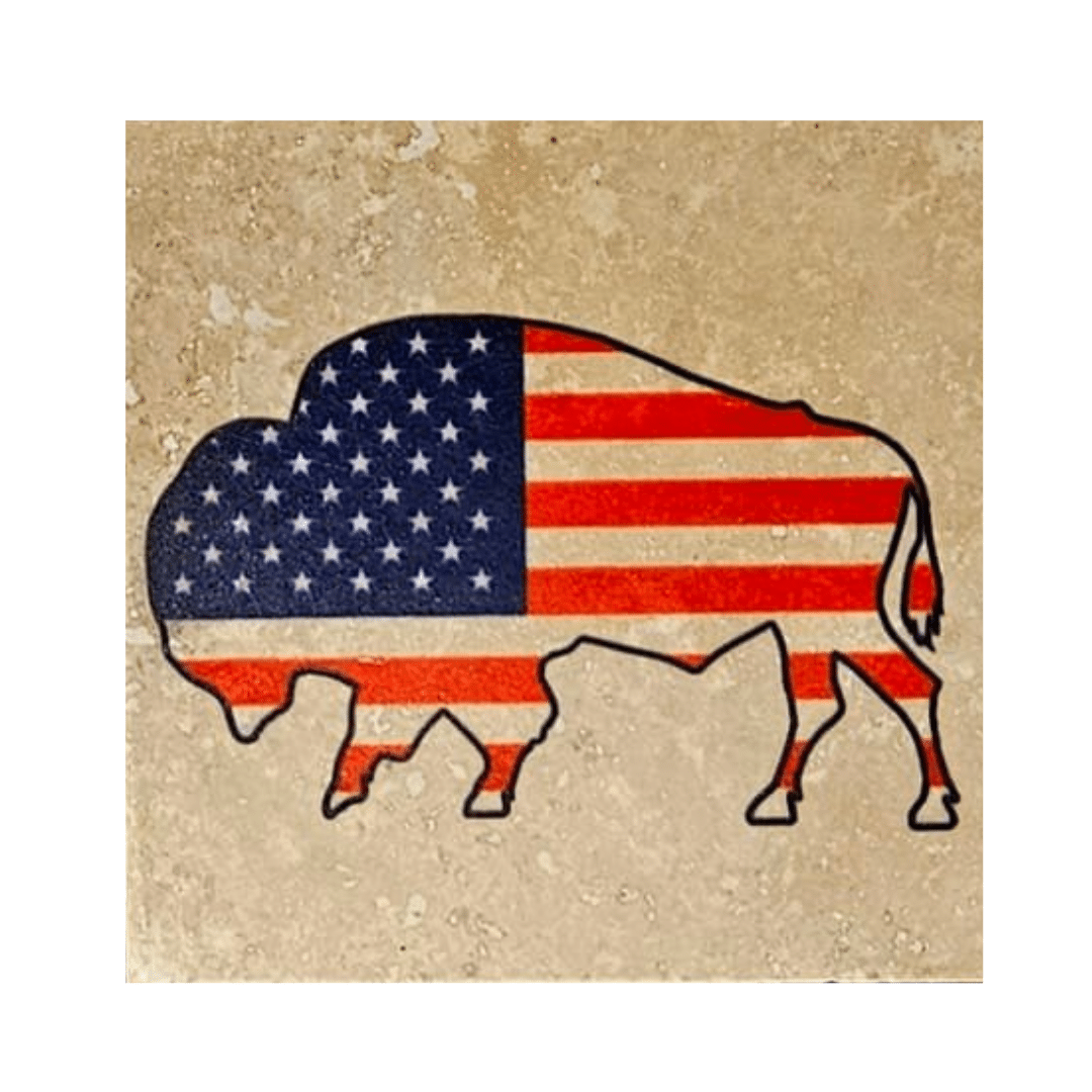 Oklahoma Travertine Coaster: American Flag Bison image