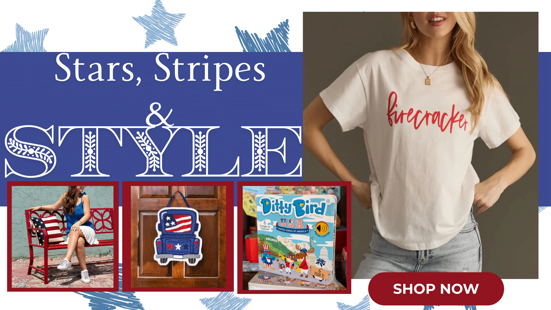 Four images of our curated collection of July 4th themed clothing, home decor and kids toys.