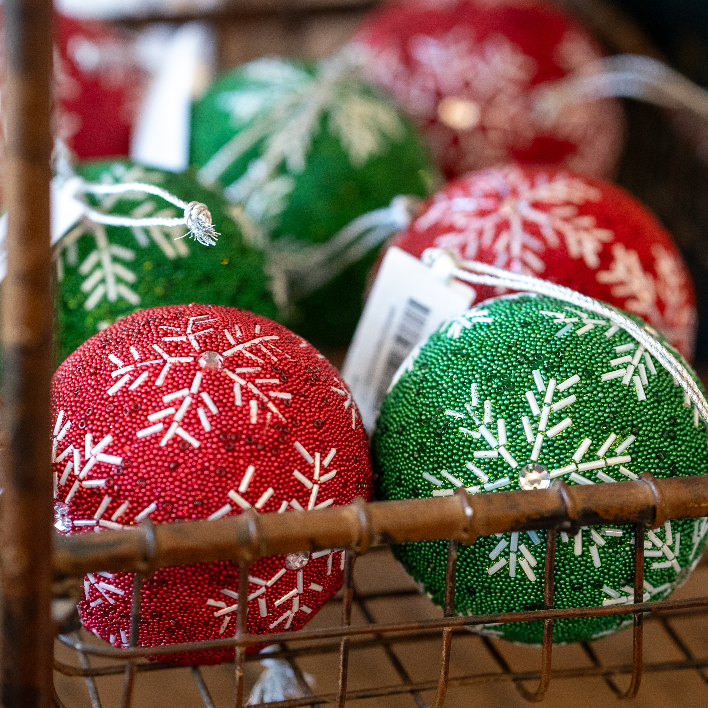 Beaded Green with White Snowflakes Round Ball Ornament, 4" - Image 3