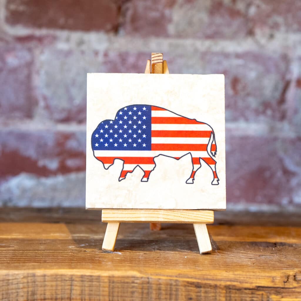 Oklahoma Travertine Coaster: American Flag Bison