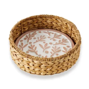 Round Whitewashed Terracotta Stone Basket Olive Branch Breadwarmer