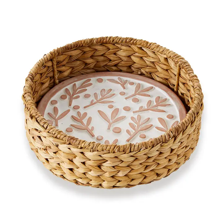 Round Whitewashed Terracotta Stone Basket Olive Branch Breadwarmer image
