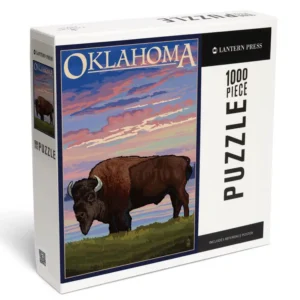 Lantern Press 1000 pc puzzle in box with bison on prairie with sunset and "Oklahoma" in print at the top for hobby, fun, gift and souvenir.