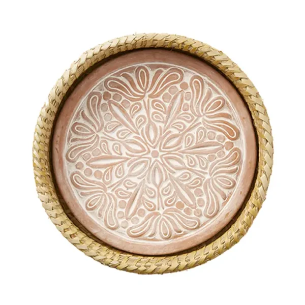 Round Basket with Whitewashed Terracotta Lotus Flower Bread Warmer Stone for hostess, dining, and gift.