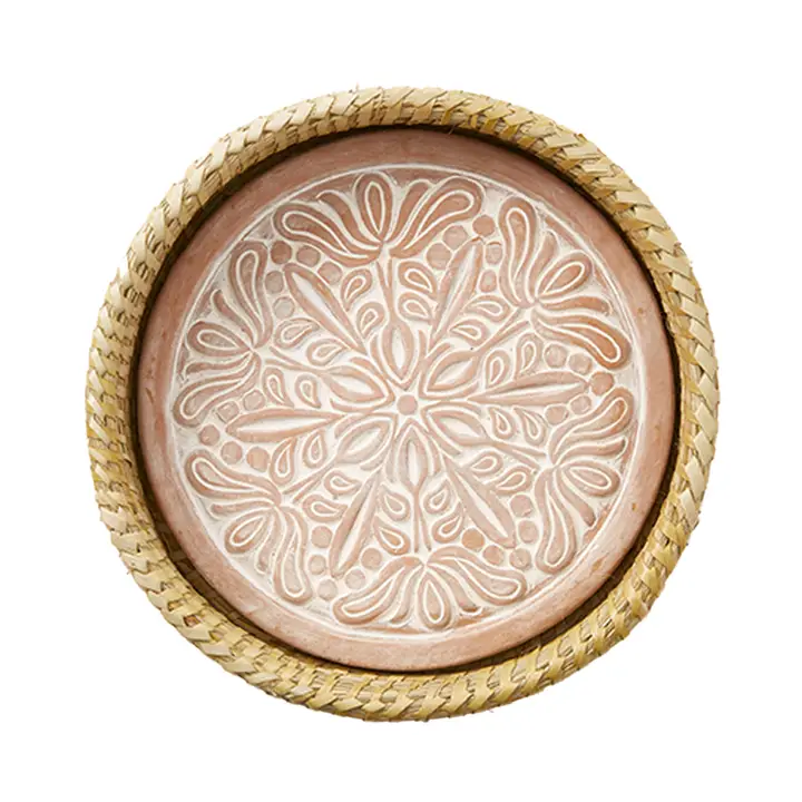 Round Basket with Whitewashed Terracotta Lotus Flower Breadwarmer Stone image