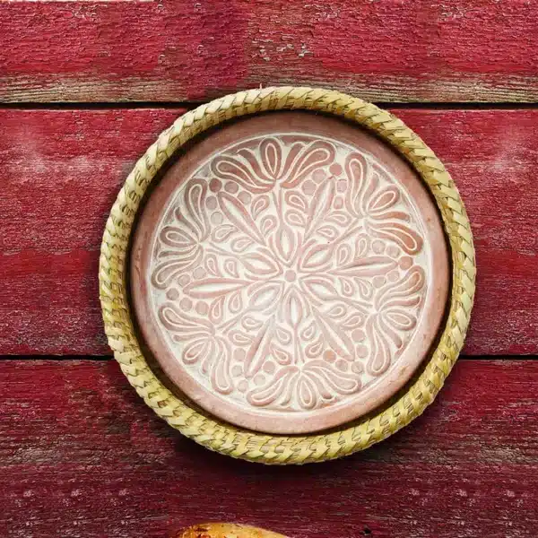 Round Basket with Whitewashed Terracotta Lotus Flower Breadwarmer Stone - Image 3